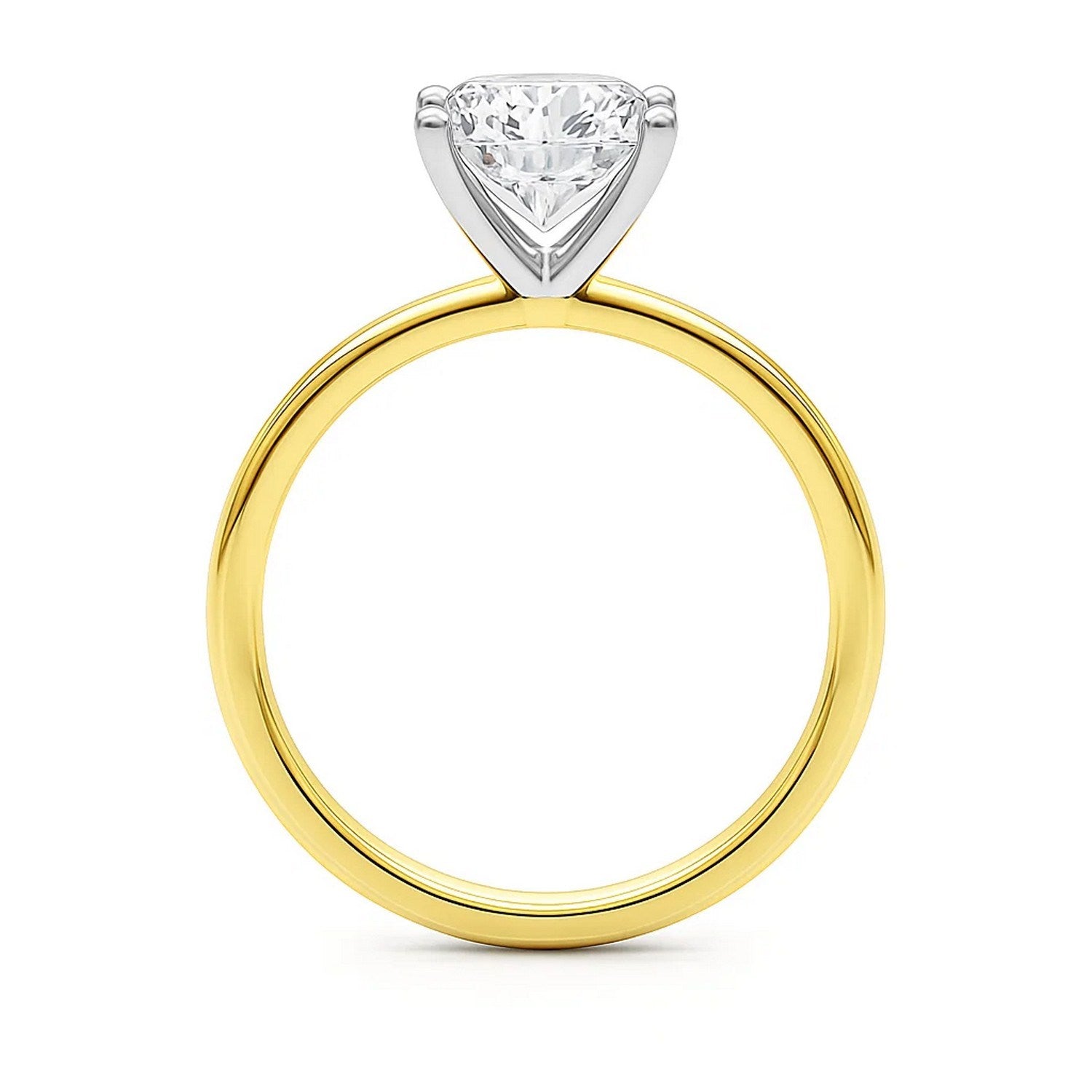 A princess-cut lab-grown diamond solitaire ring with a yellow gold band and white gold prongs.