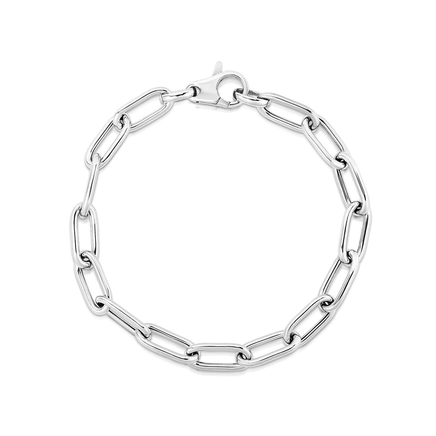 Sterling silver wide paperclip chain bracelet with a lobster clasp.