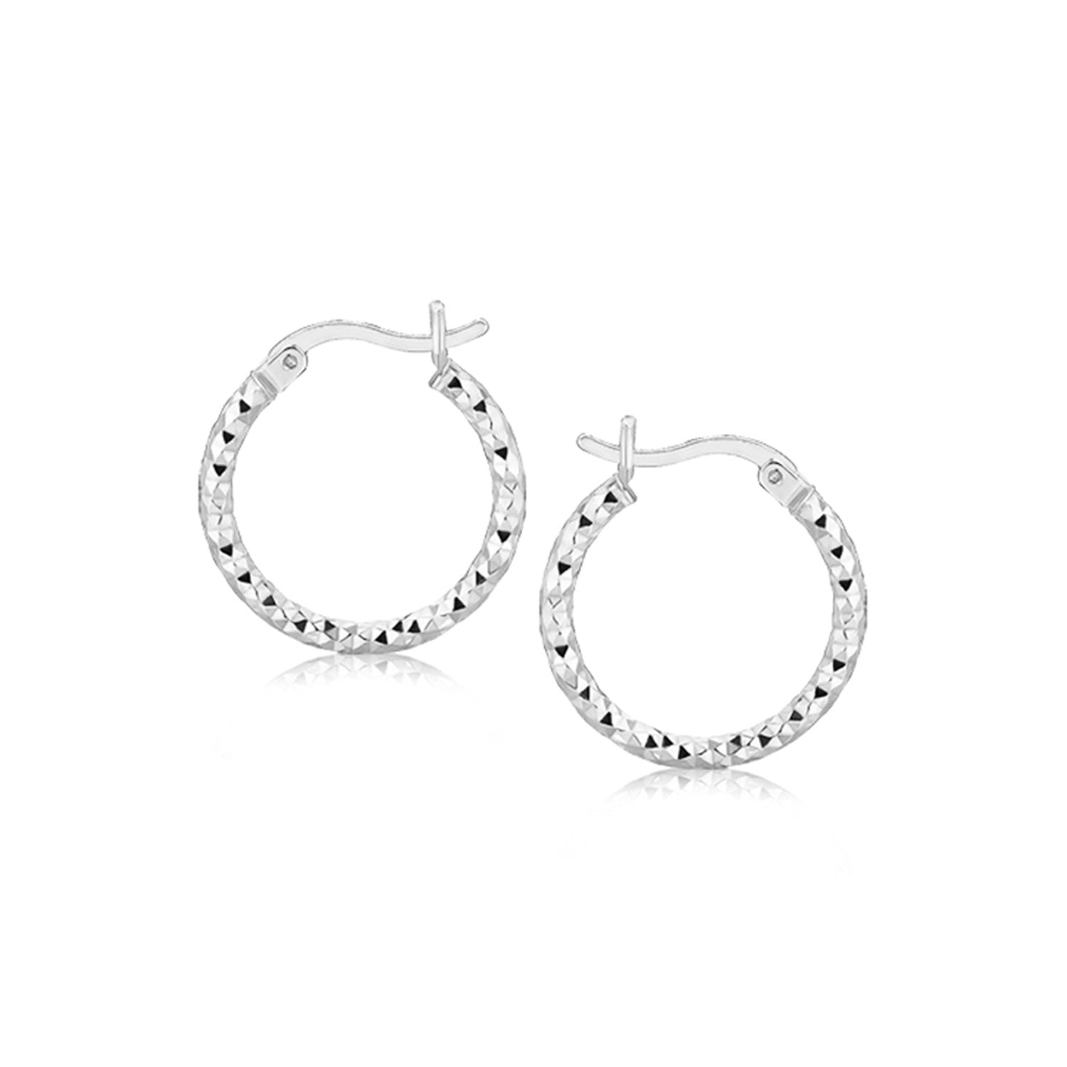 Sterling silver faceted hoop earrings with rhodium plating and snap locks.