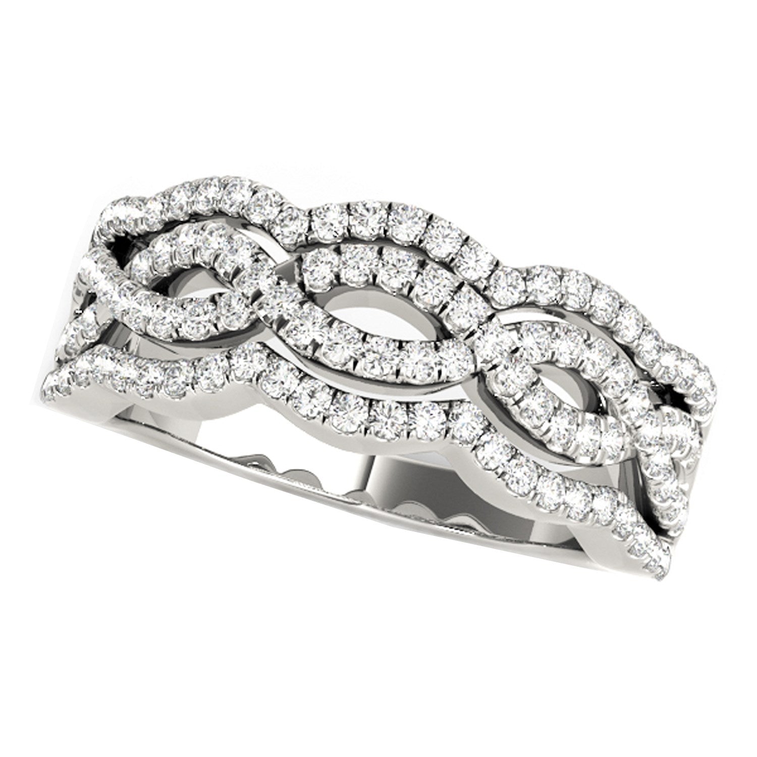 Diamond studded ring with four curved rows in 14k white gold.
