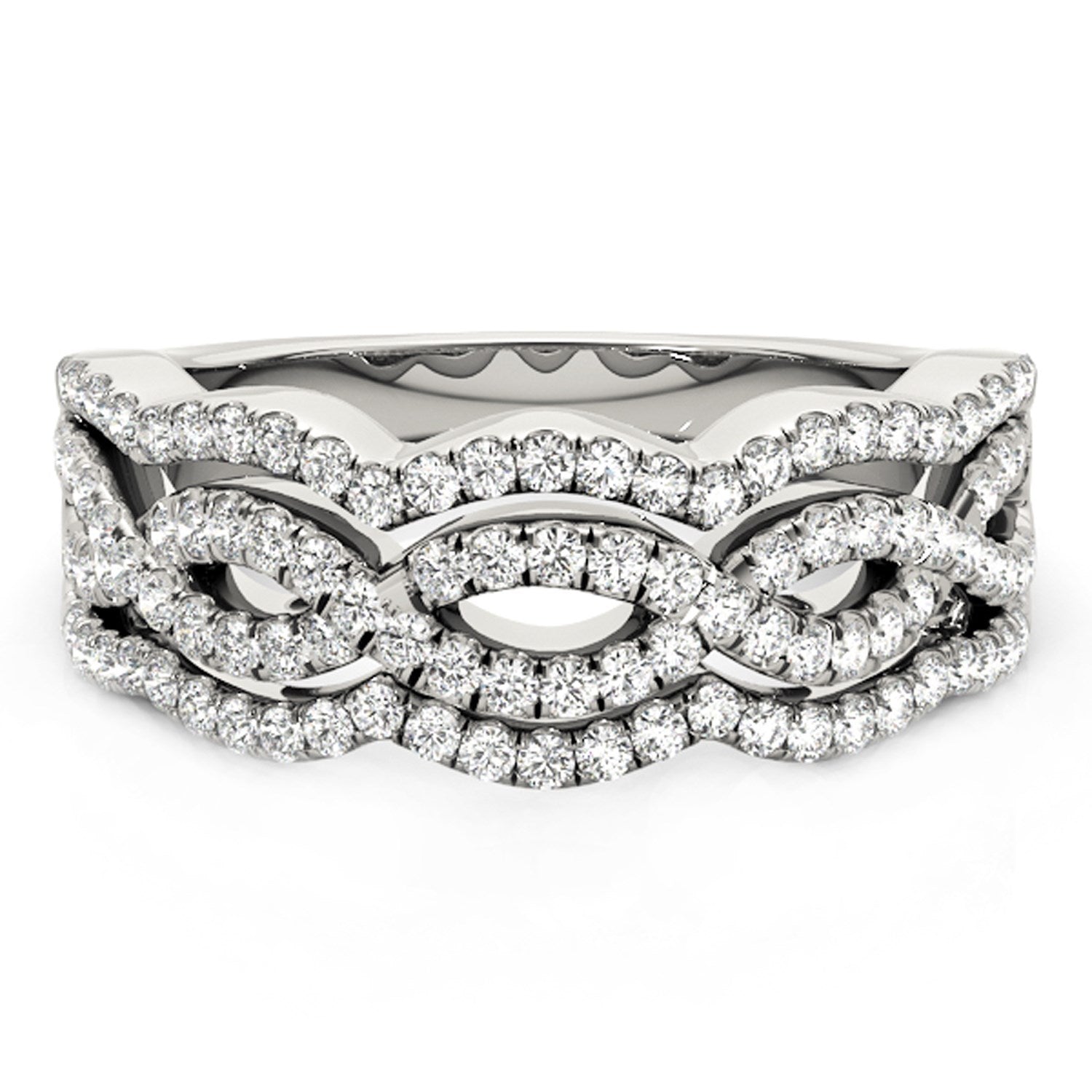 Diamond studded ring with four curved rows in 14k white gold.