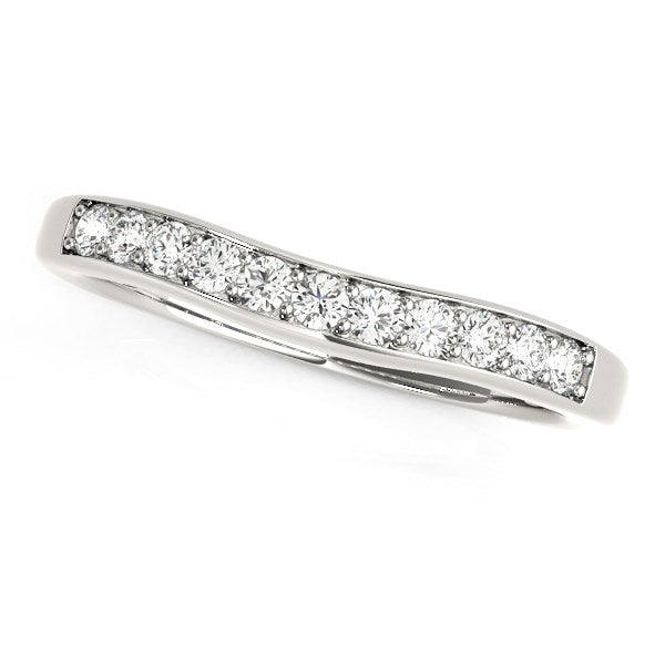 14k white gold curved wedding band with eleven round, channel-set diamonds.