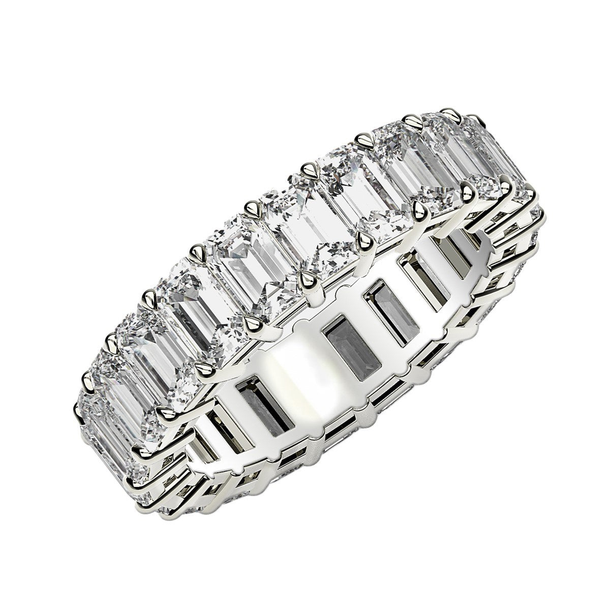 Emerald cut lab grown diamond eternity ring in 14k white gold.