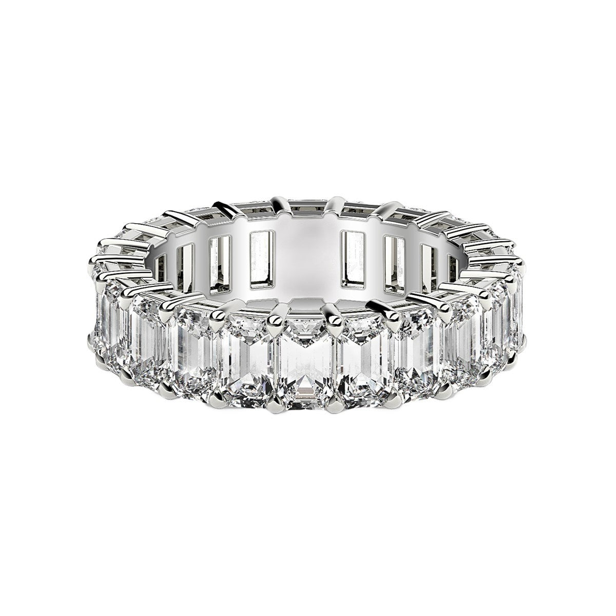 Emerald cut lab grown diamond eternity ring in 14k white gold.