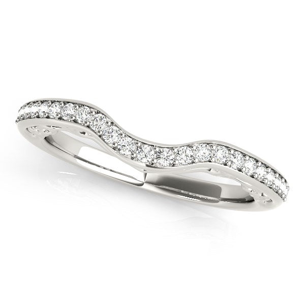 14k white gold curved wedding ring with prong-set round diamonds.