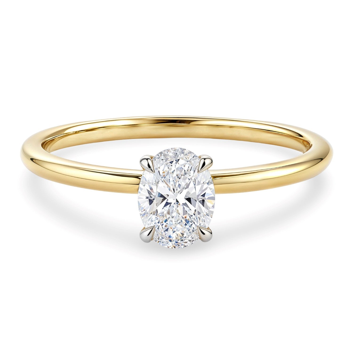 A 1 carat oval lab grown diamond solitaire ring in 10K yellow gold.