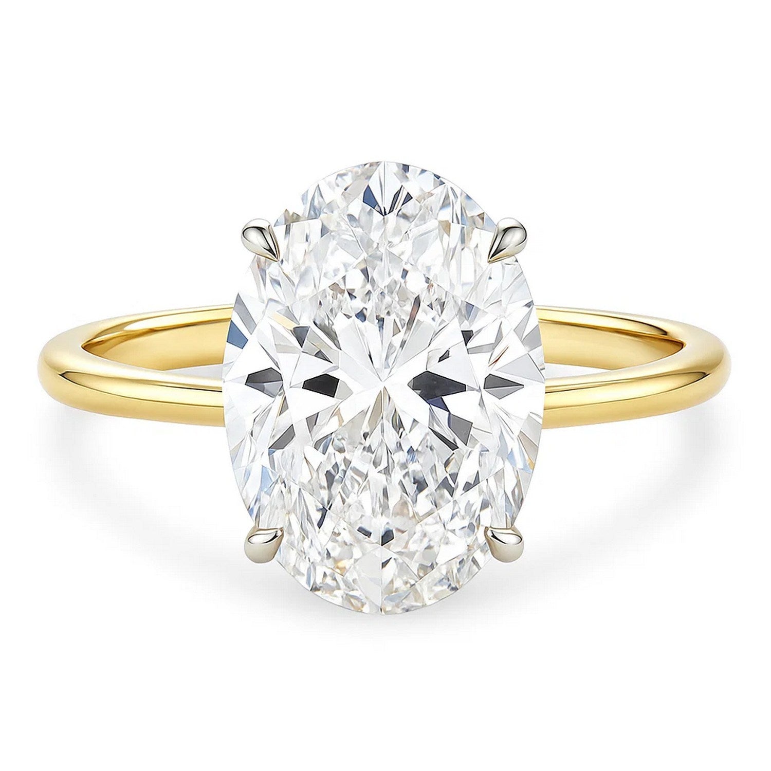 A 5 carat oval lab grown diamond solitaire ring in 10K yellow gold.