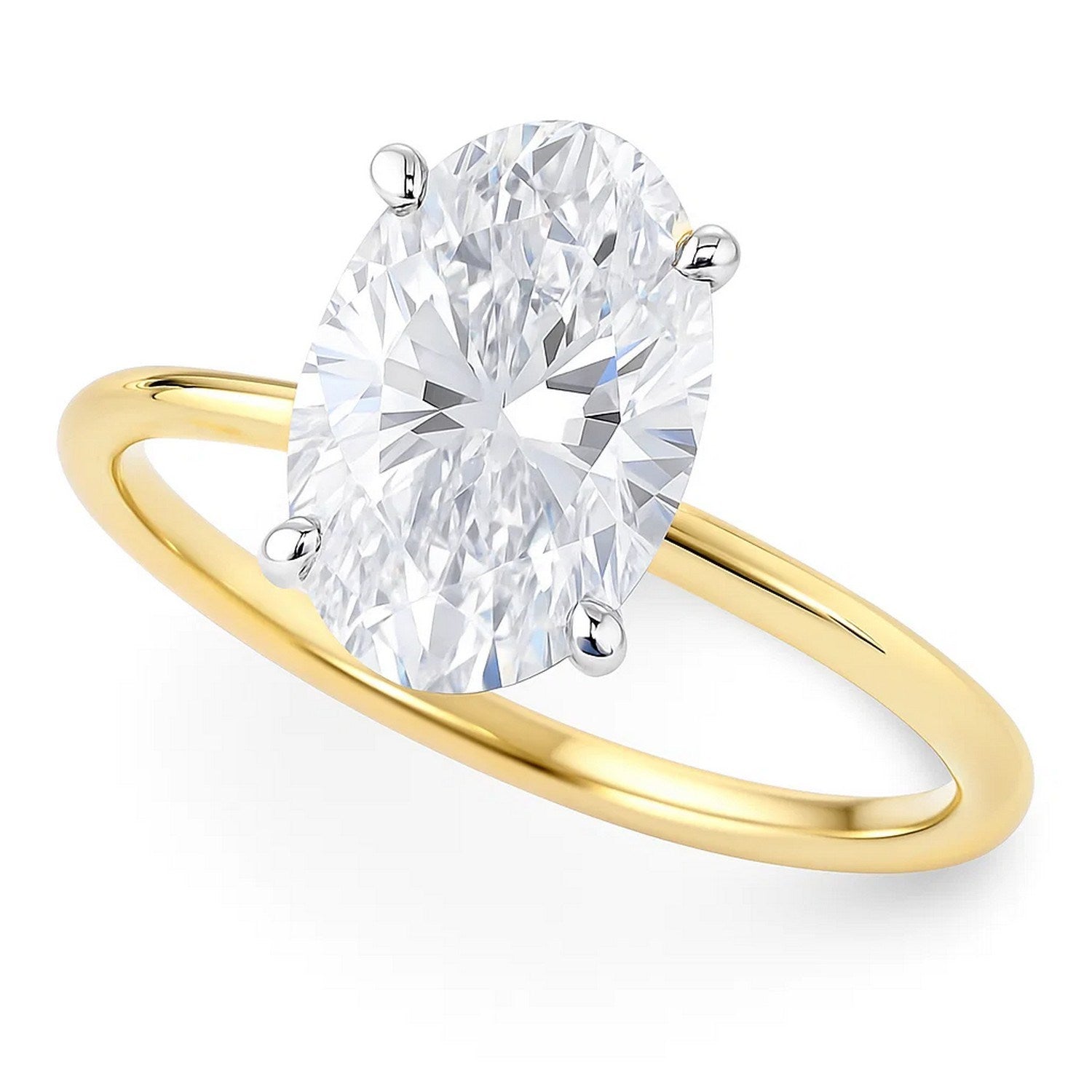 A 3 carat oval lab grown diamond solitaire ring in 10K yellow gold.