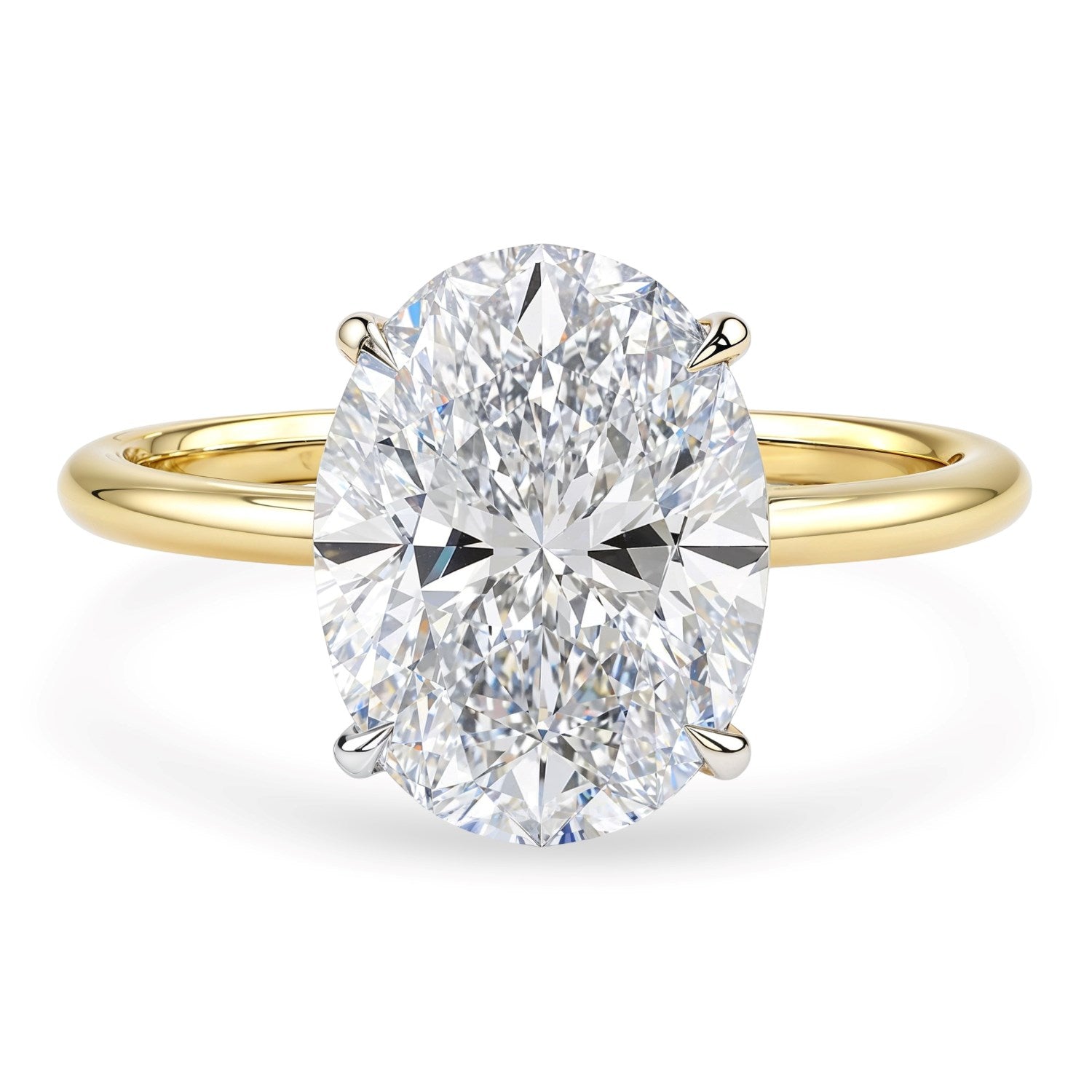 A 3 carat oval lab grown diamond solitaire ring in 10K yellow gold.