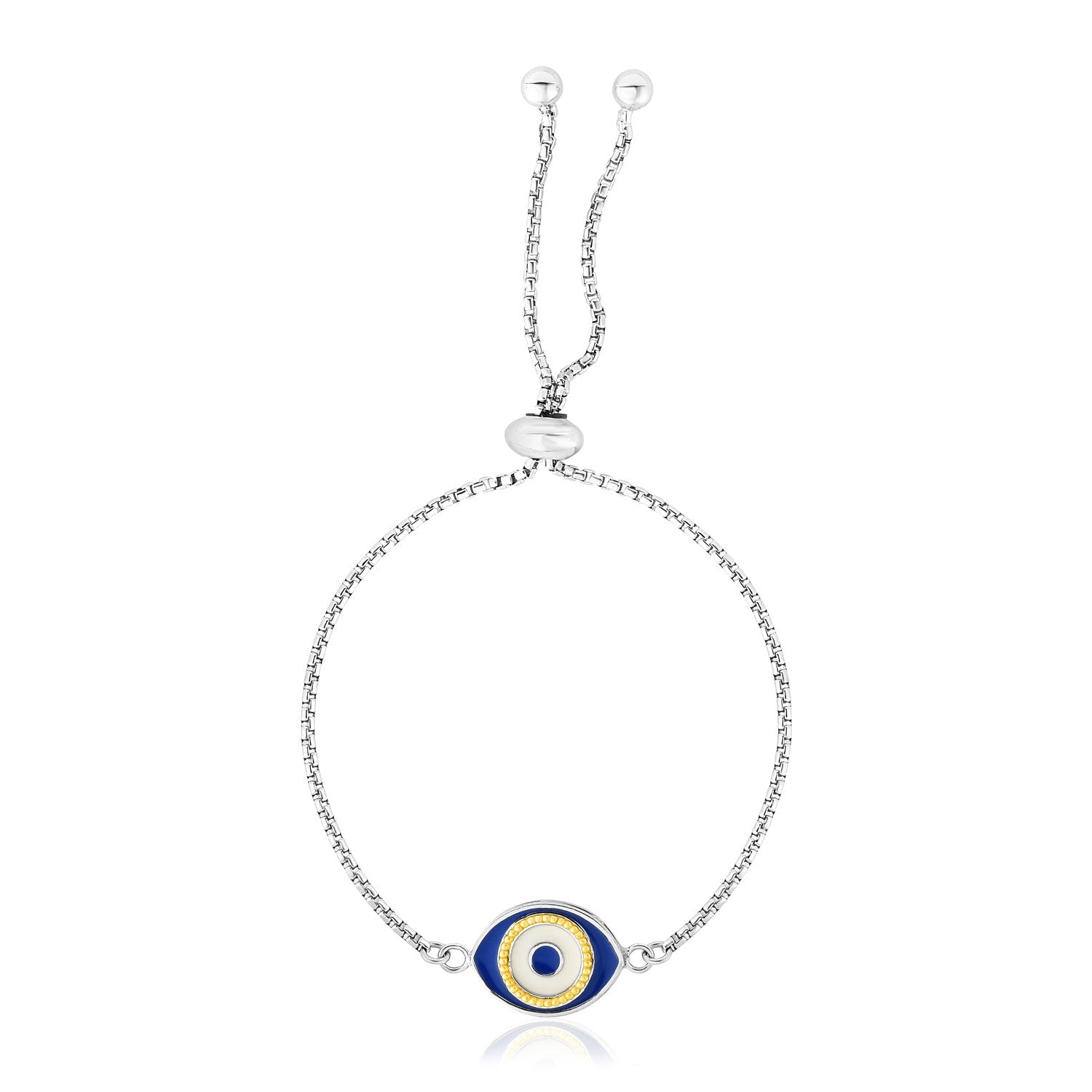 Sterling silver adjustable bracelet with a blue and yellow enameled evil eye charm.