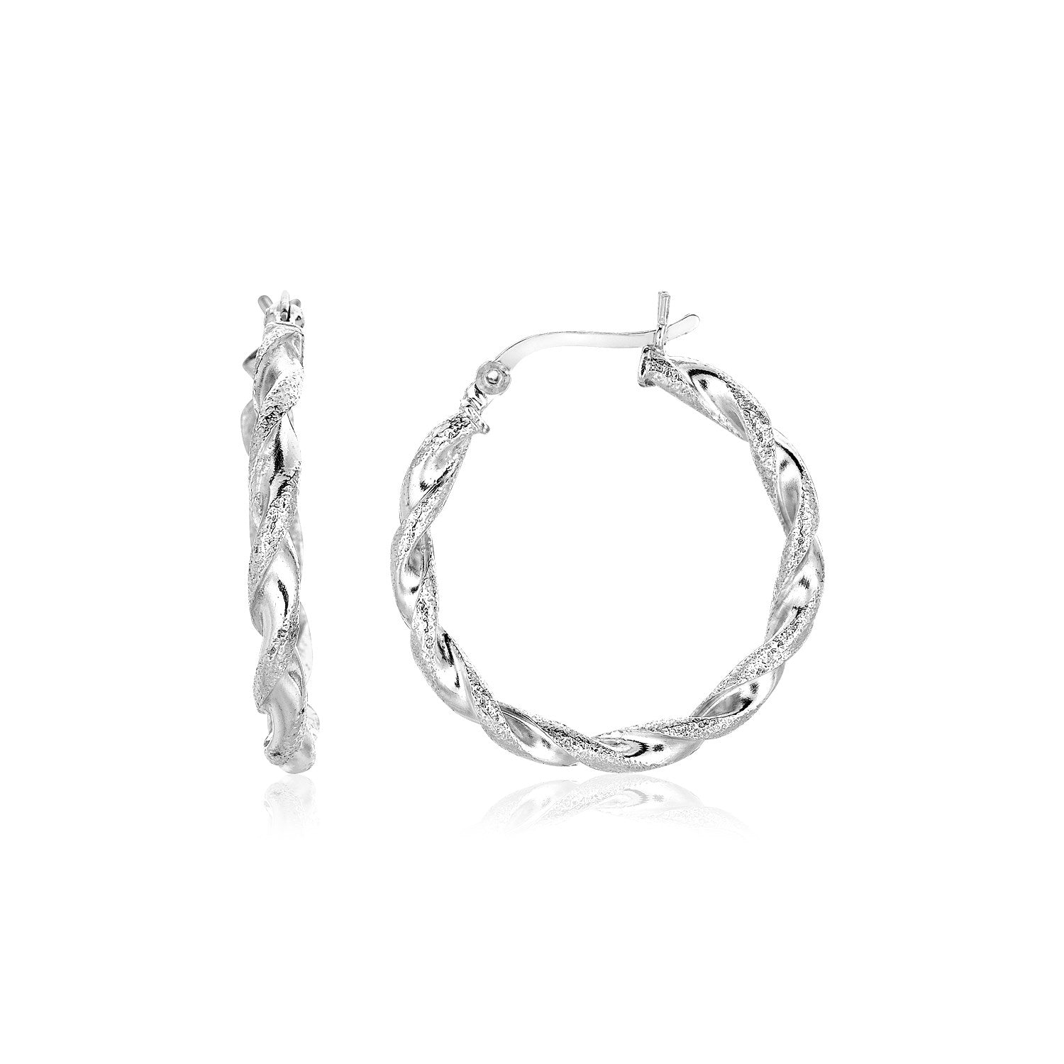 Sterling silver twisted hoop earrings with a hinged snap back.