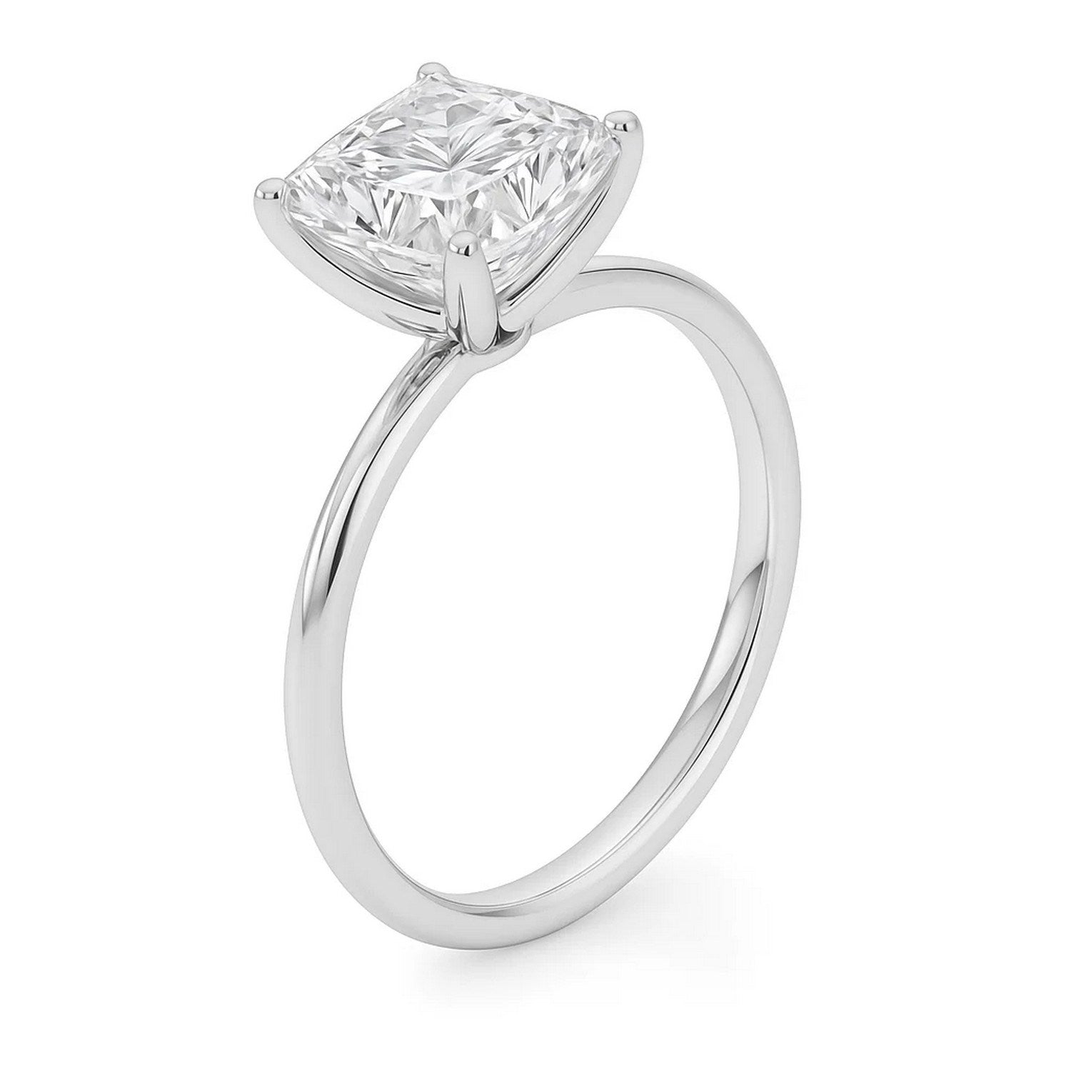 A 10K white gold solitaire ring with a princess-cut lab-grown diamond.