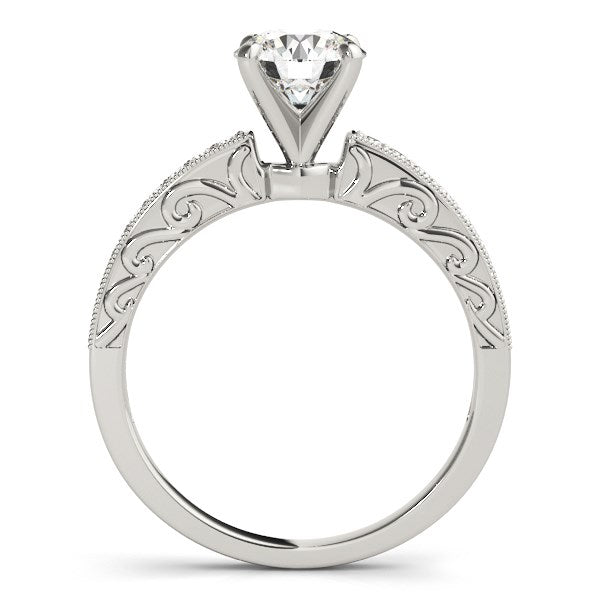 14k white gold antique style diamond engagement ring with milgrain and baroque details.