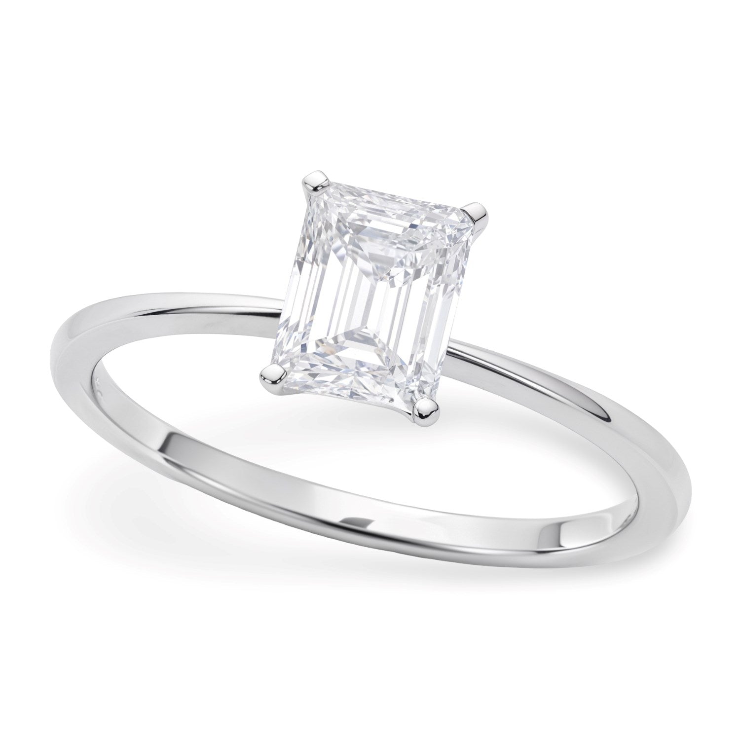 A radiant-cut lab-grown diamond solitaire ring in 14K white gold.