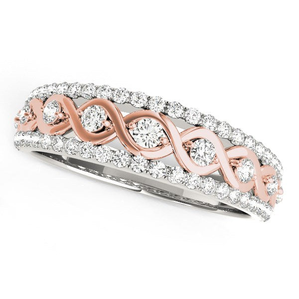 14k white and rose gold infinity diamond band with diamonds along the edges.