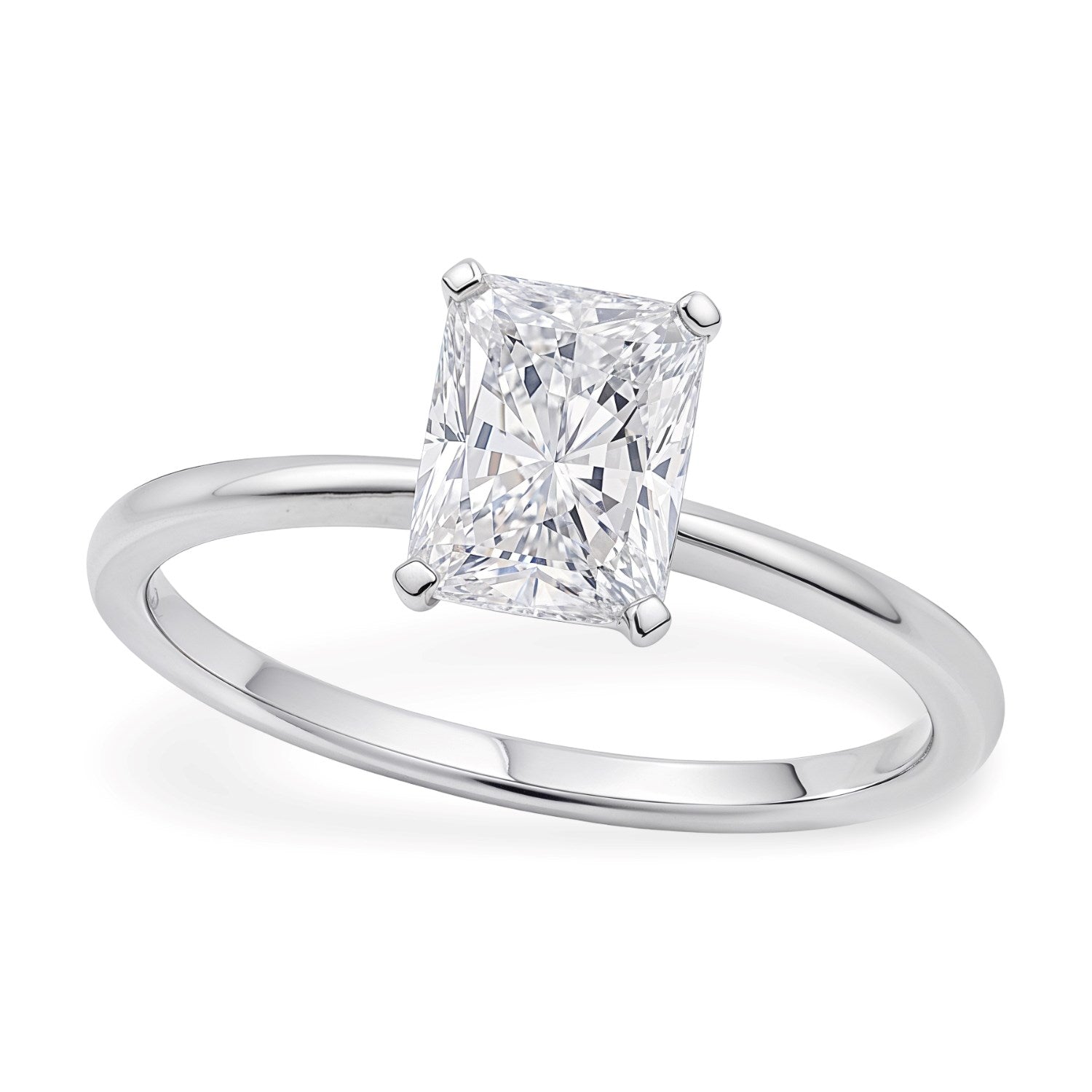 Radiant lab-grown diamond solitaire ring in 10K white gold with four prongs.