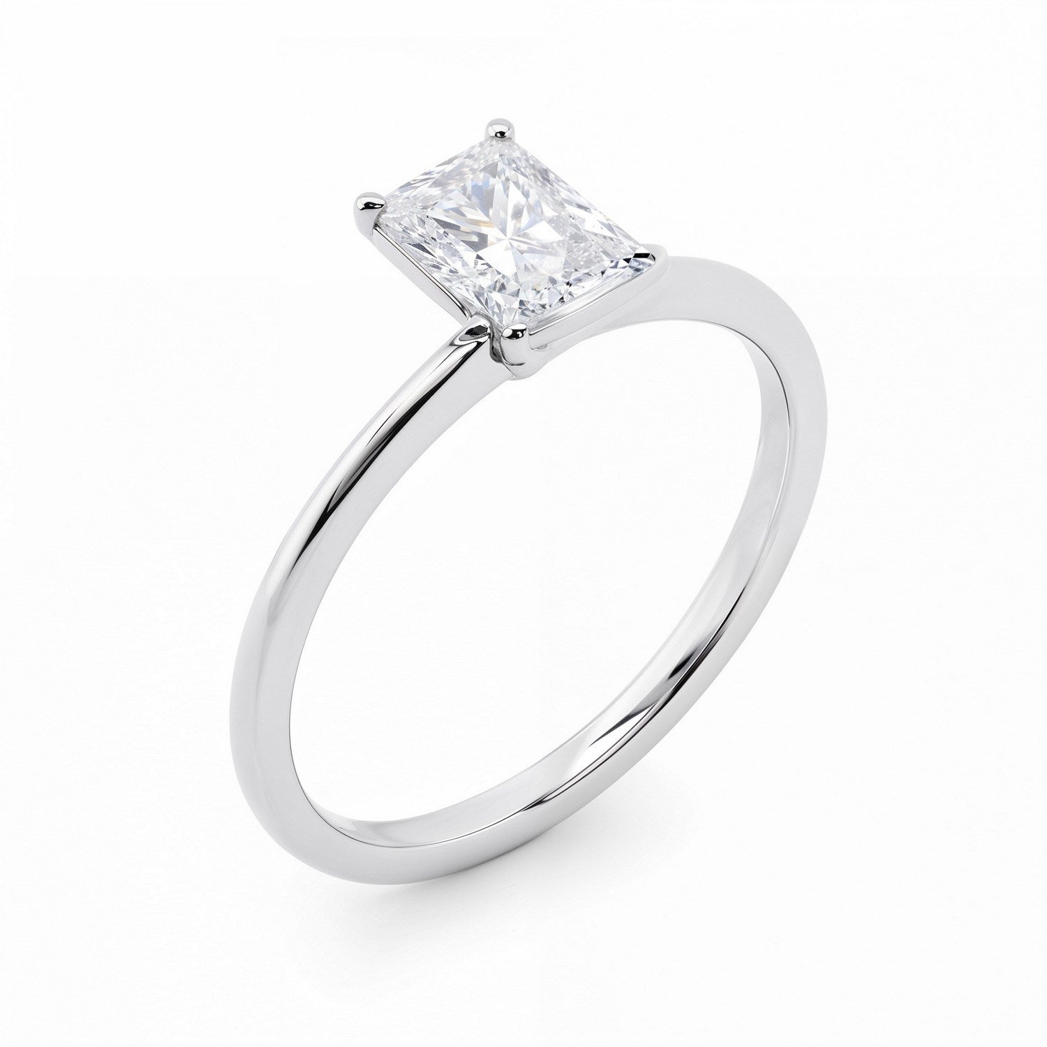 Radiant lab-grown diamond solitaire ring in 10K white gold.