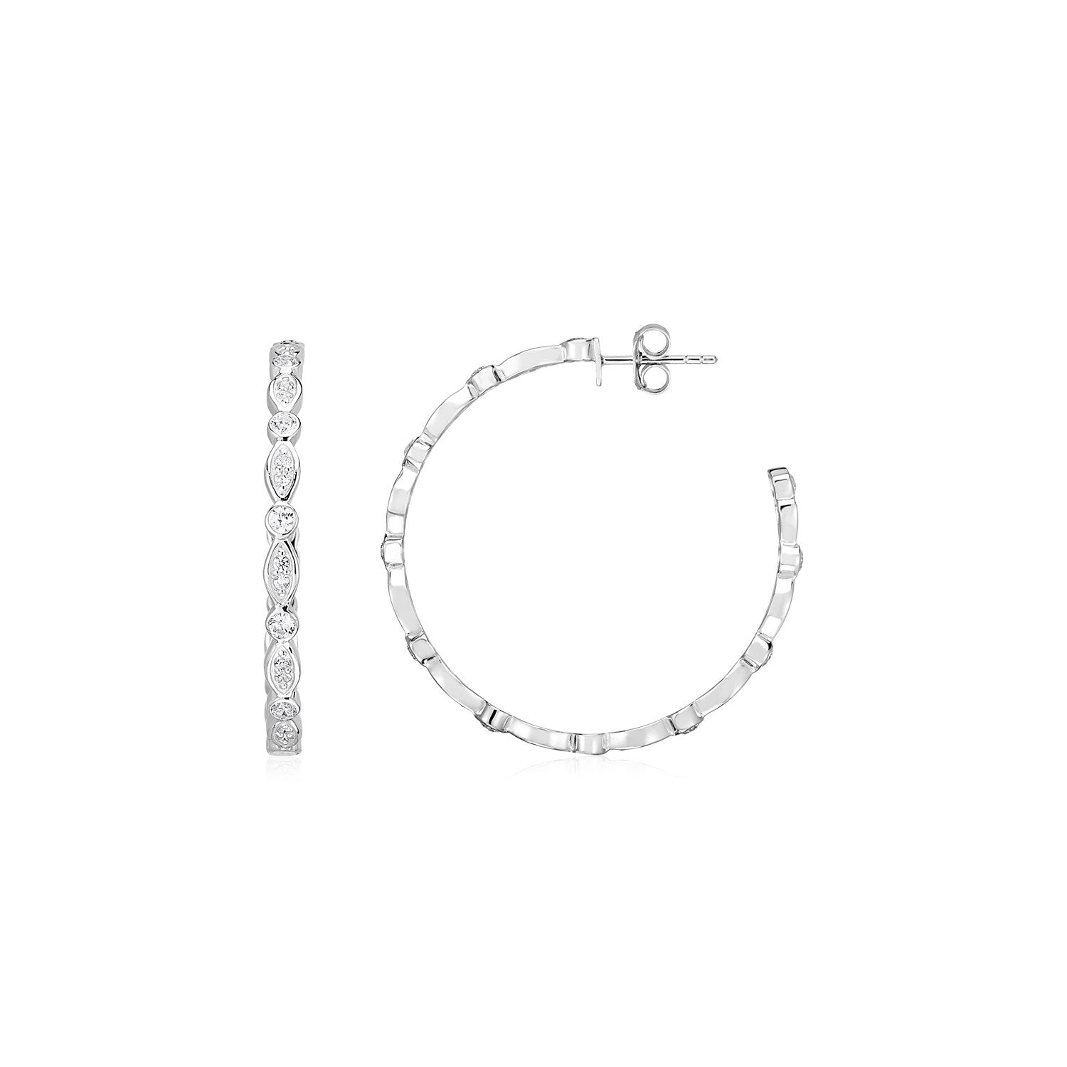 Sterling silver hoop earrings with round and marquise cubic zirconias.