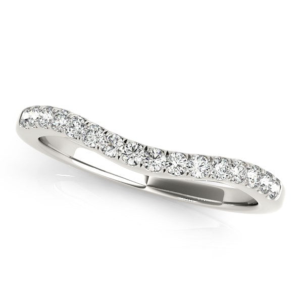 14k white gold curvy wedding band with pave set round diamonds.