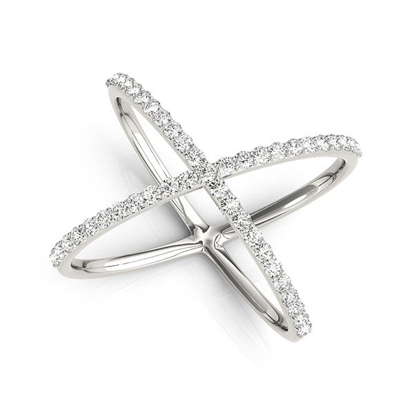 14k white gold X style thin ring with pave set round diamonds.