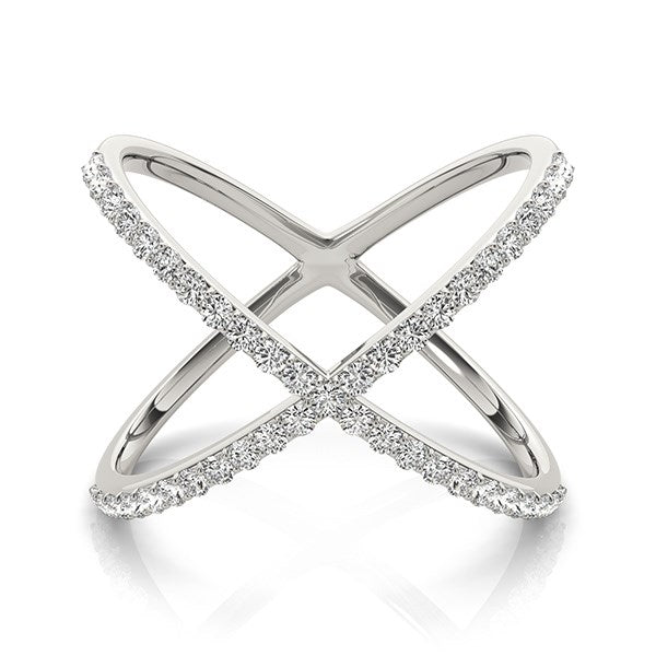 14k white gold X-style thin ring with pave-set round diamonds.