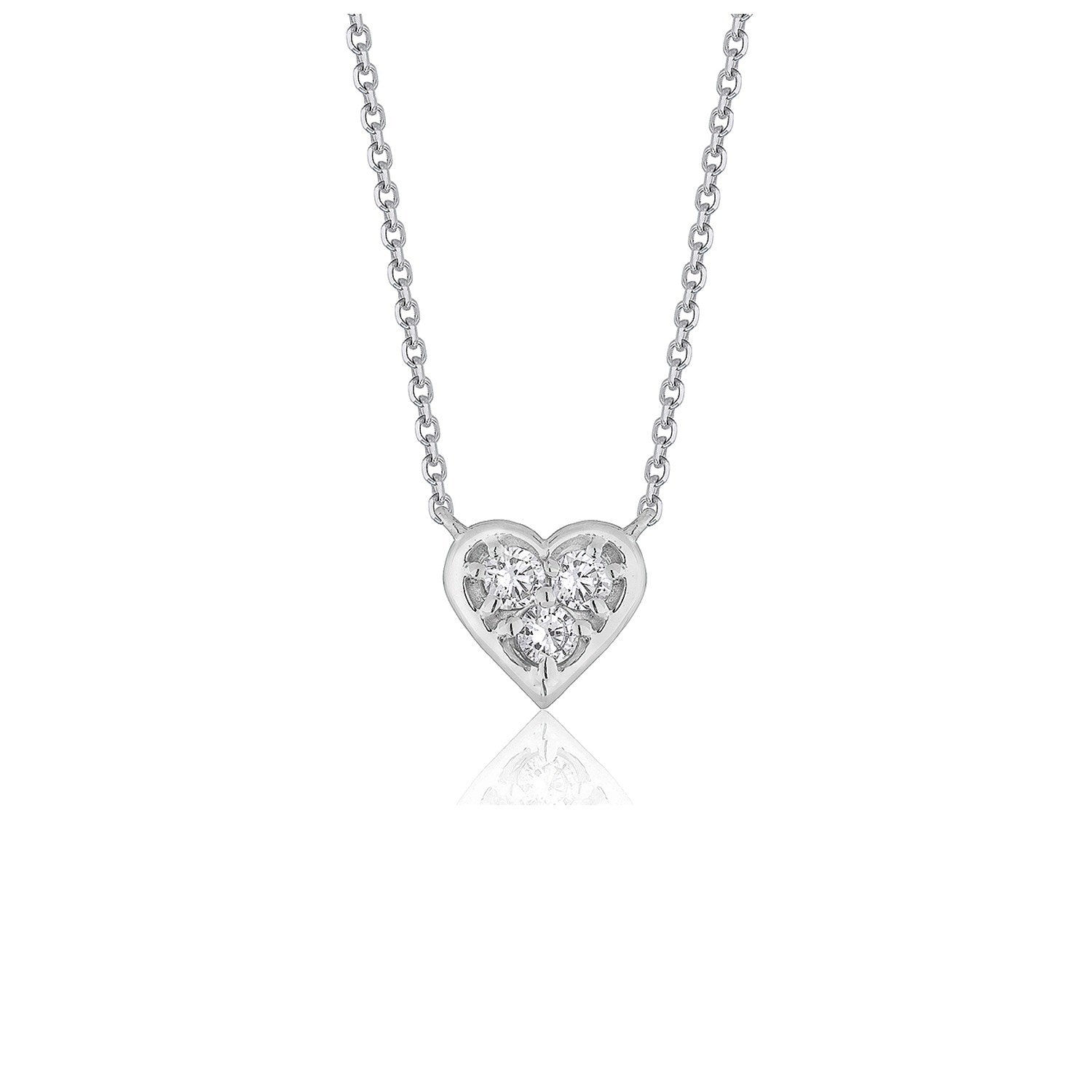 14k white gold heart pendant with three round diamonds on a cable chain.