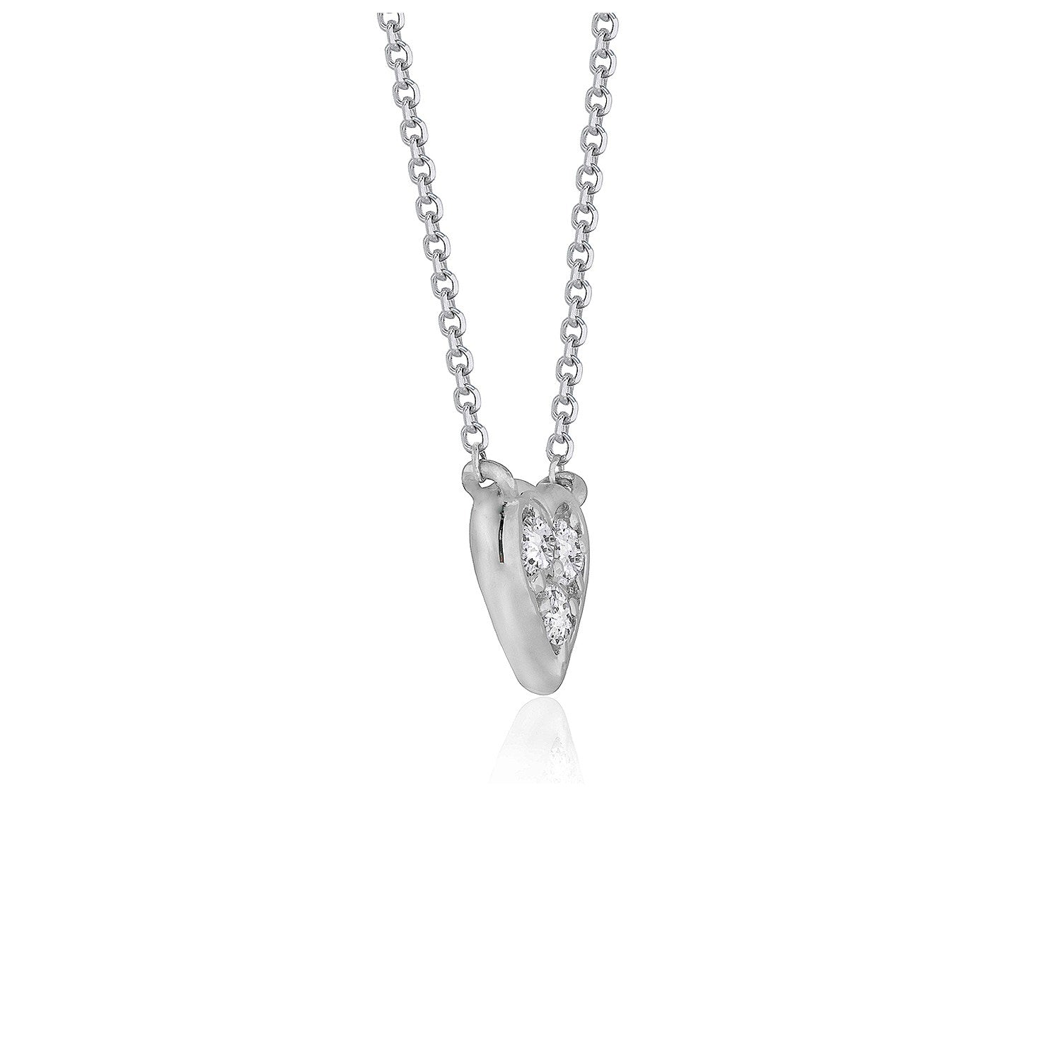 A white gold heart pendant with three diamonds on a cable chain.