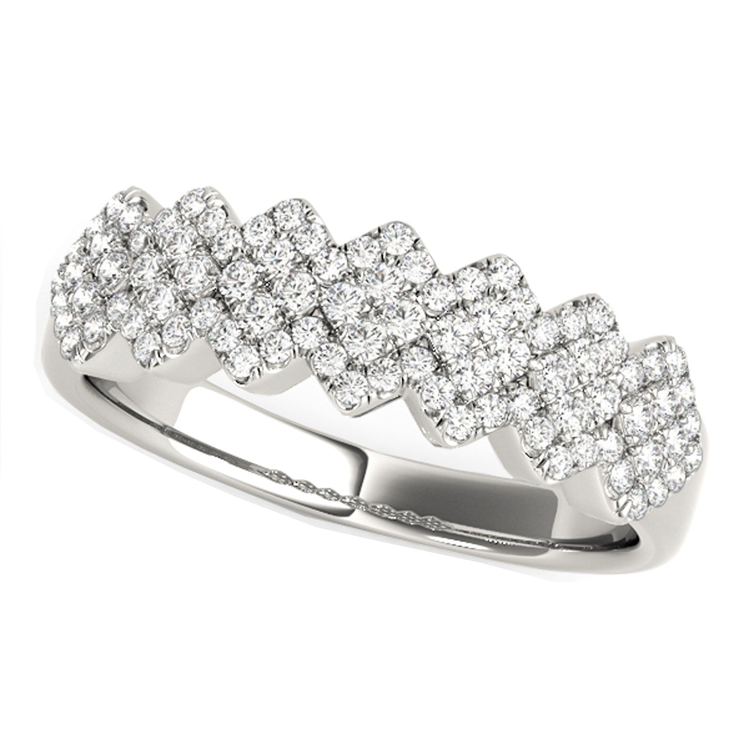 Diamond studded wide multi-diagonal pattern ring in 14k white gold.