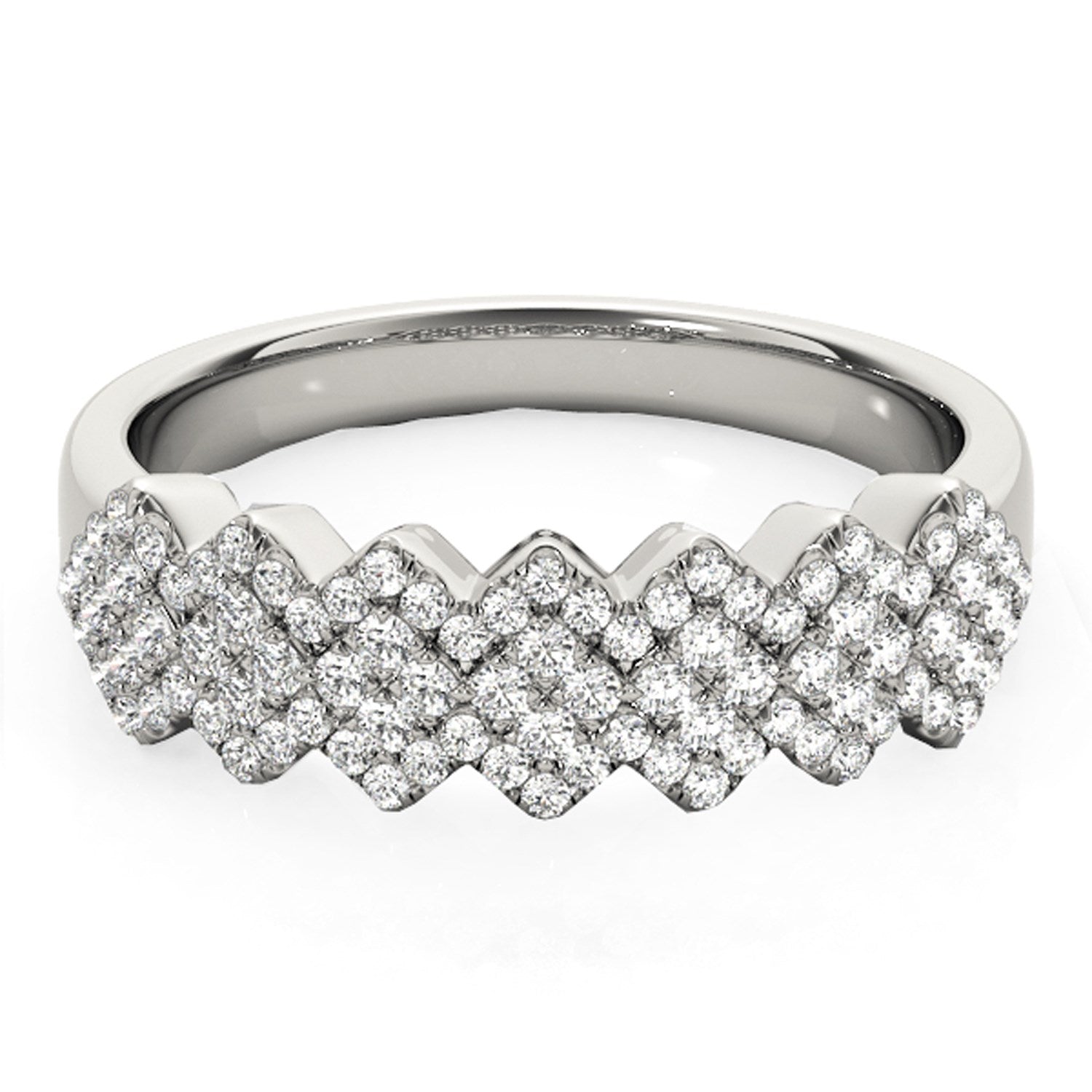 A white gold ring with a wide, multi-diagonal pattern of round, prong-set diamonds.