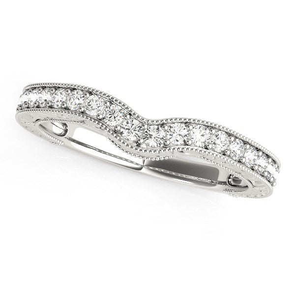 14k white gold curved diamond wedding band with a bead border.
