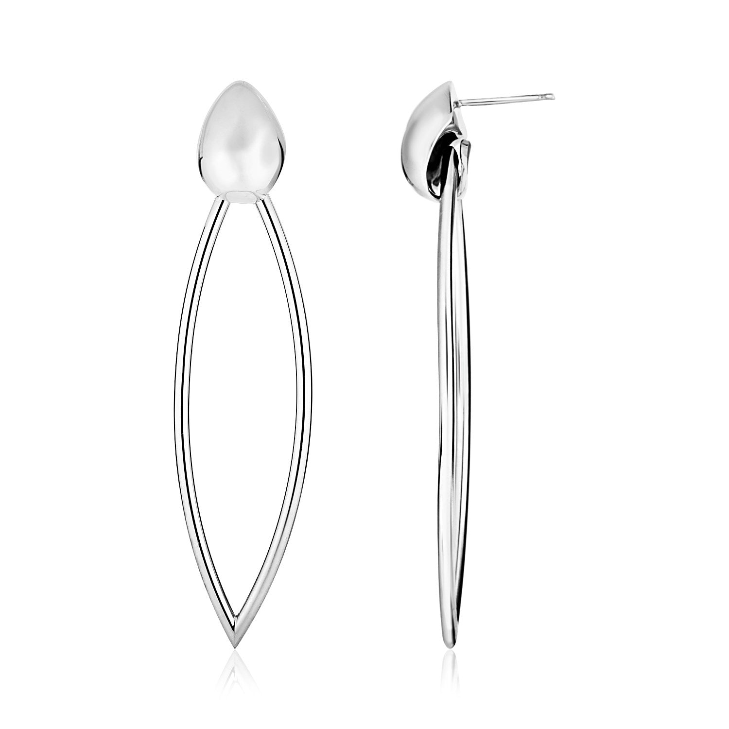Sterling silver polished open marquise dangle earrings with a teardrop stud.