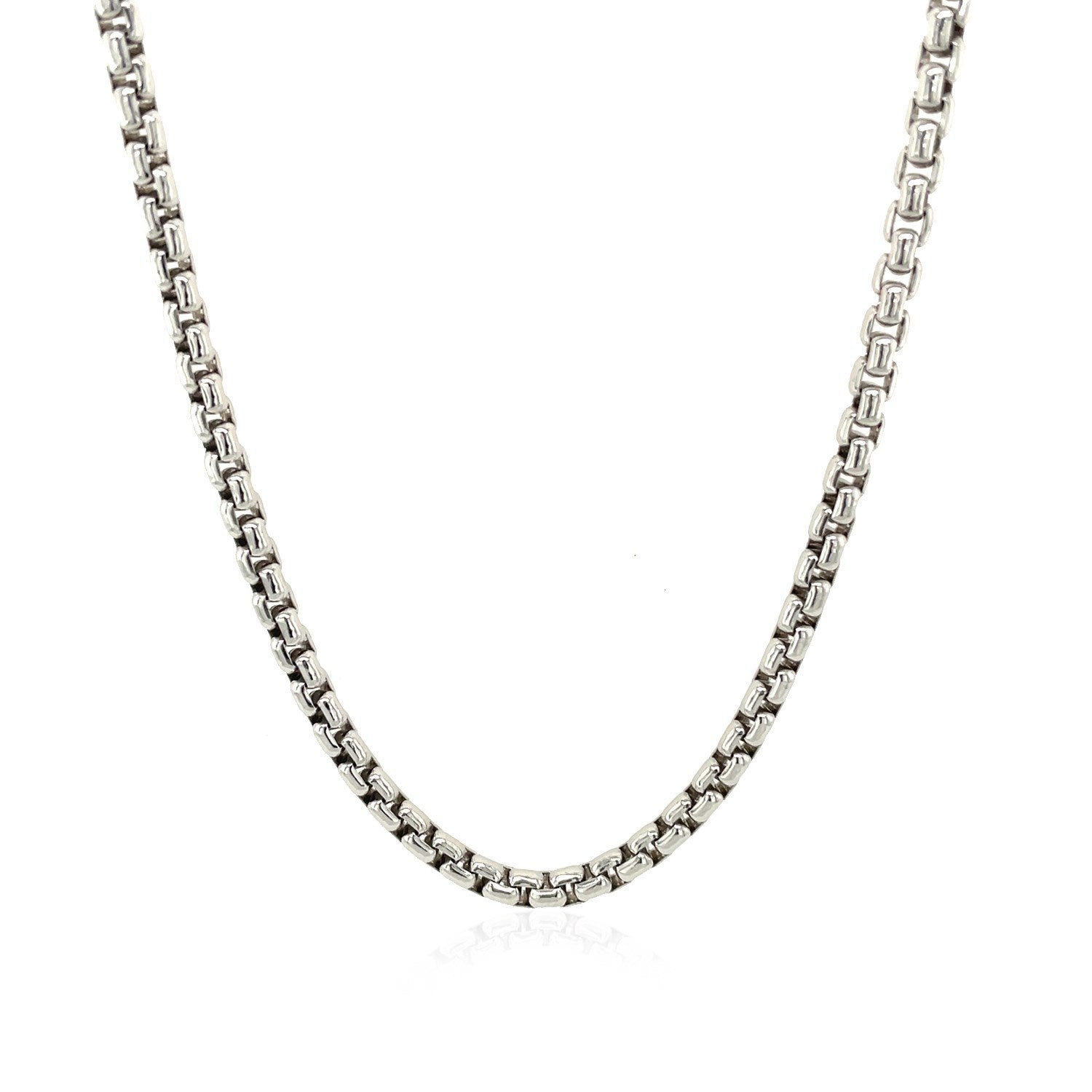 Sterling silver rhodium-plated round box chain, 3.00 mm wide.
