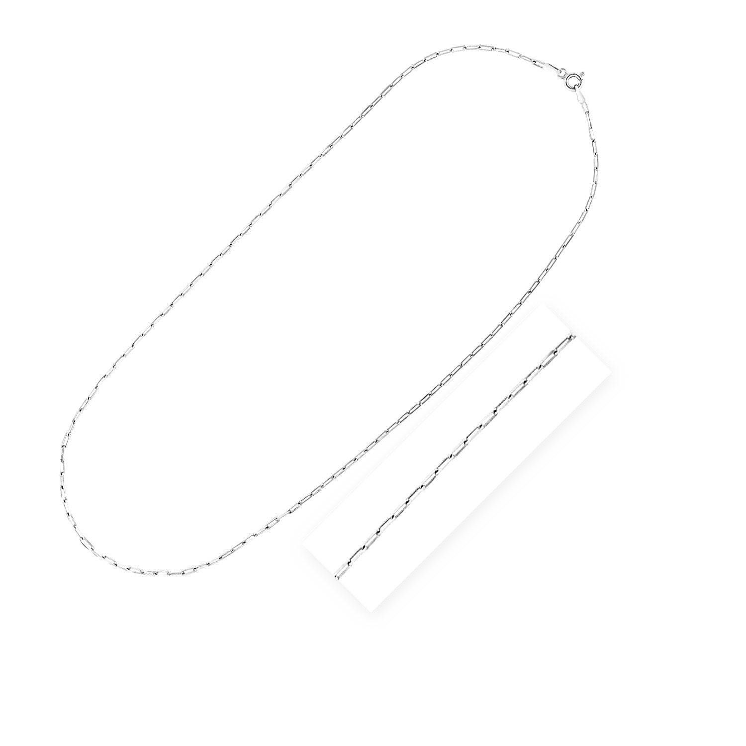 Sterling silver rhodium plated paperclip chain with a spring ring clasp.