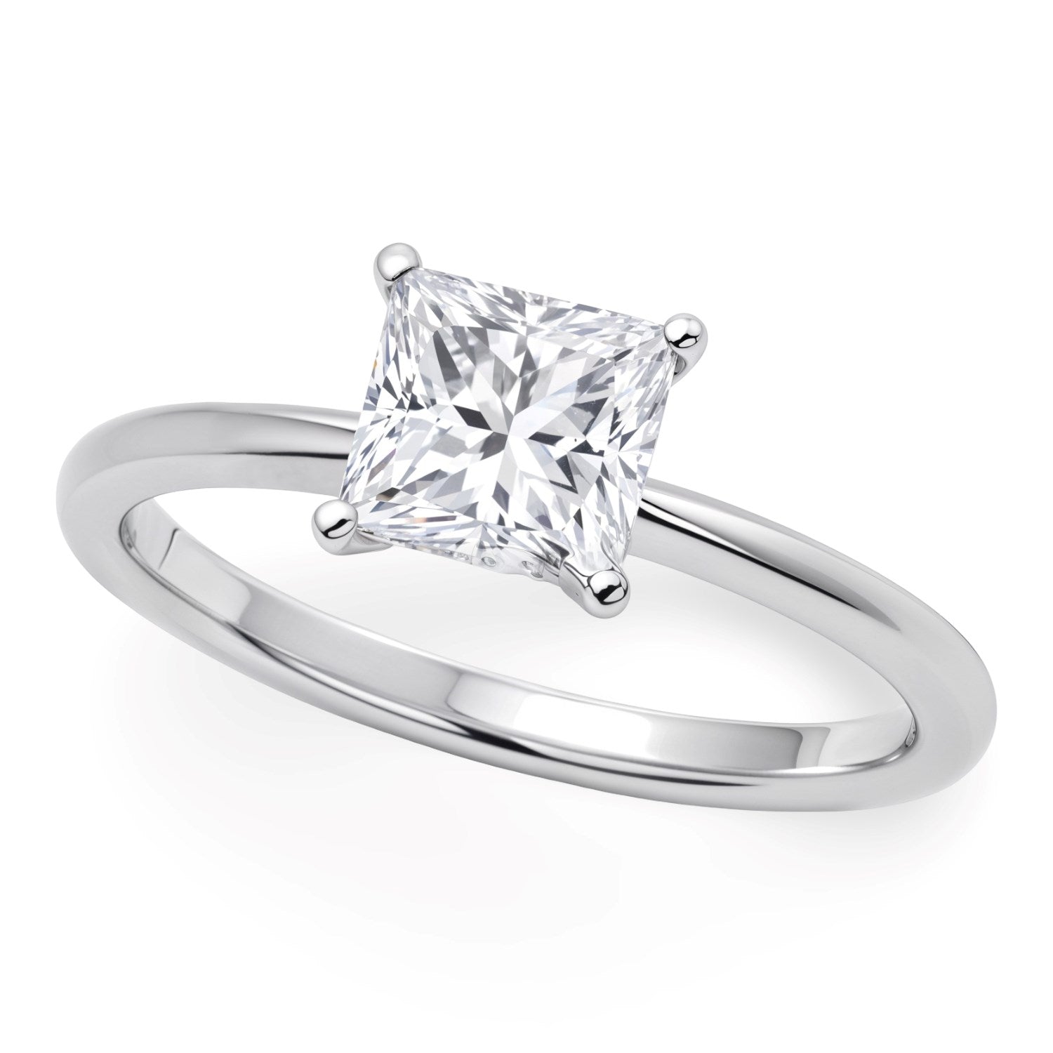 A 1 carat princess lab grown diamond solitaire ring in 10K white gold.