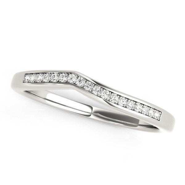 14k white gold curved diamond wedding band with 18 round diamonds.