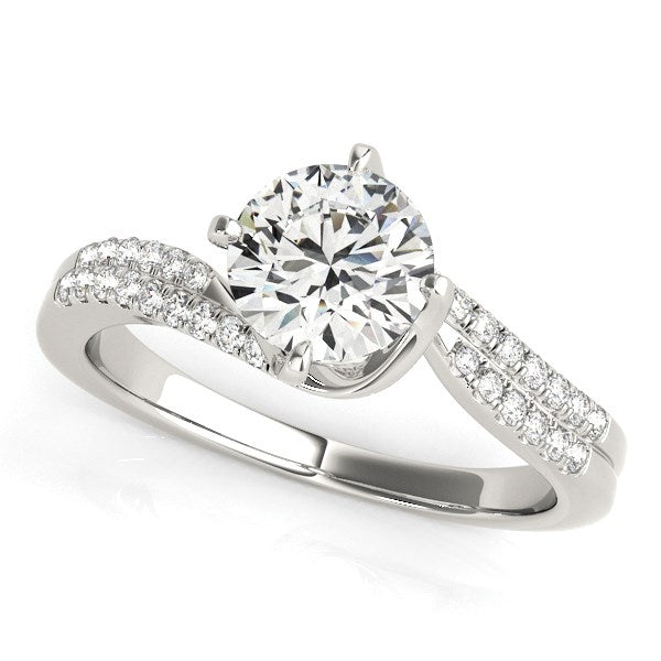 14k white gold engagement ring with a round diamond and pave-set spiral shank.