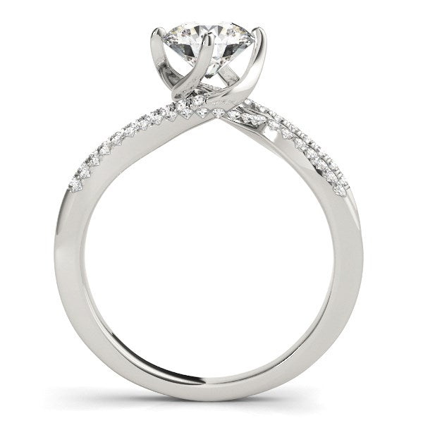 14k white gold spiral design diamond engagement ring with a round center stone.