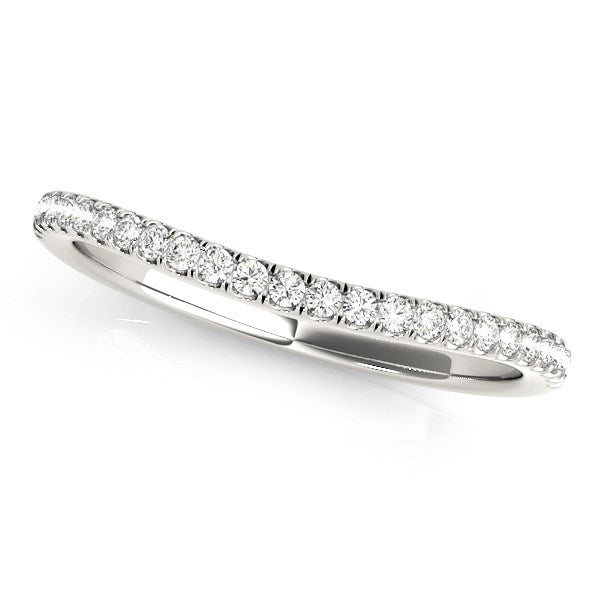 14k white gold curved wedding band with pave set round diamonds.