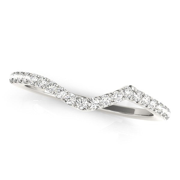 14k white gold modern curved diamond wedding band with pave-set round diamonds.