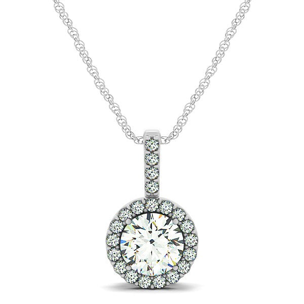 14k white gold diamond halo round style pendant with a rope chain.