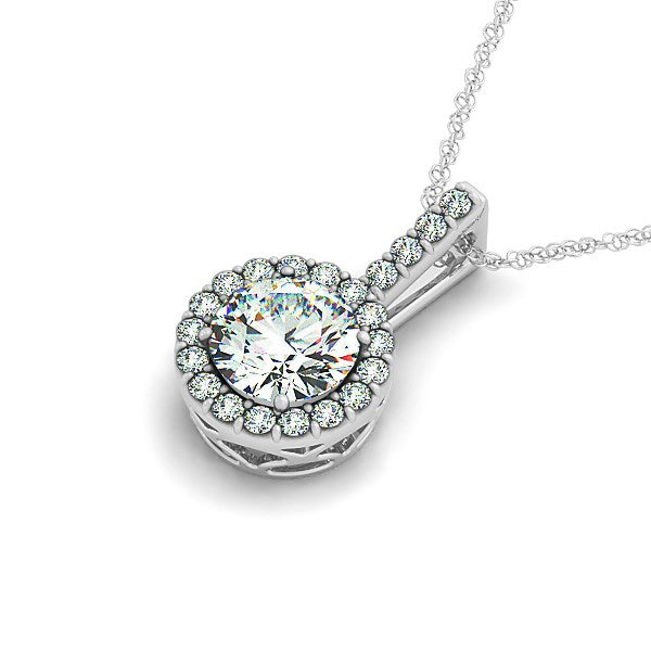 14k white gold diamond halo round style pendant with a rope chain.
