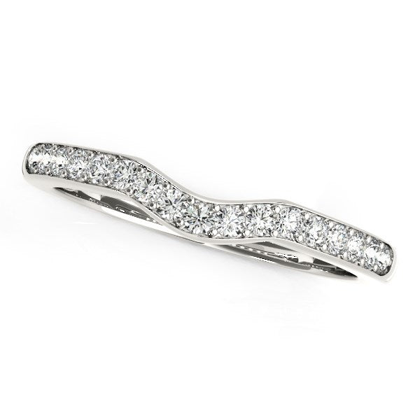 14k white gold curved wedding ring with prong-set round diamonds.