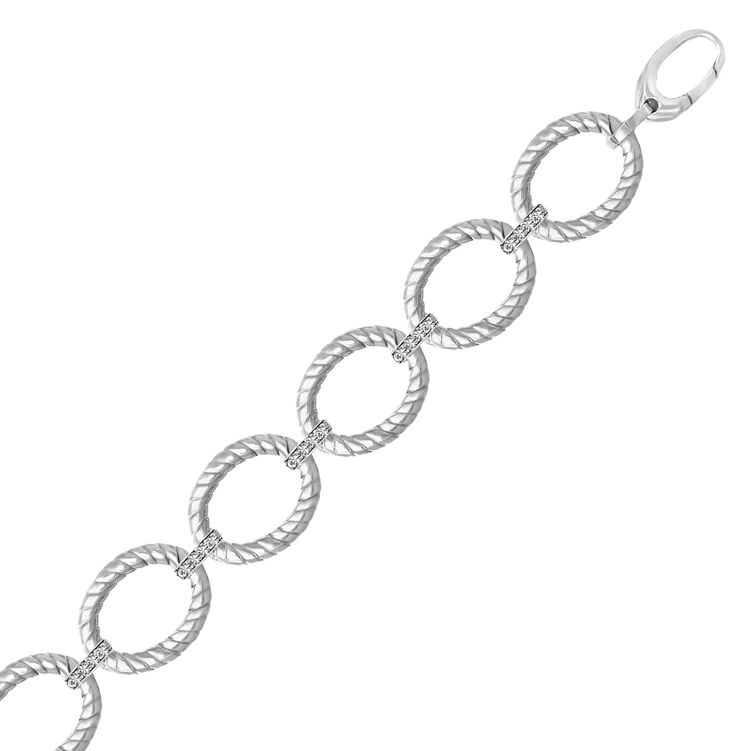 Sterling silver rhodium-finished cable oval bracelet with diamond accents.