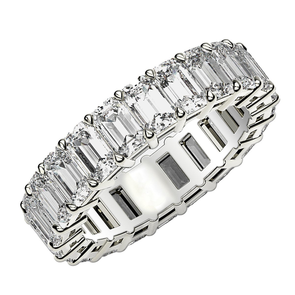Emerald cut lab grown diamond eternity ring in 14k white gold.