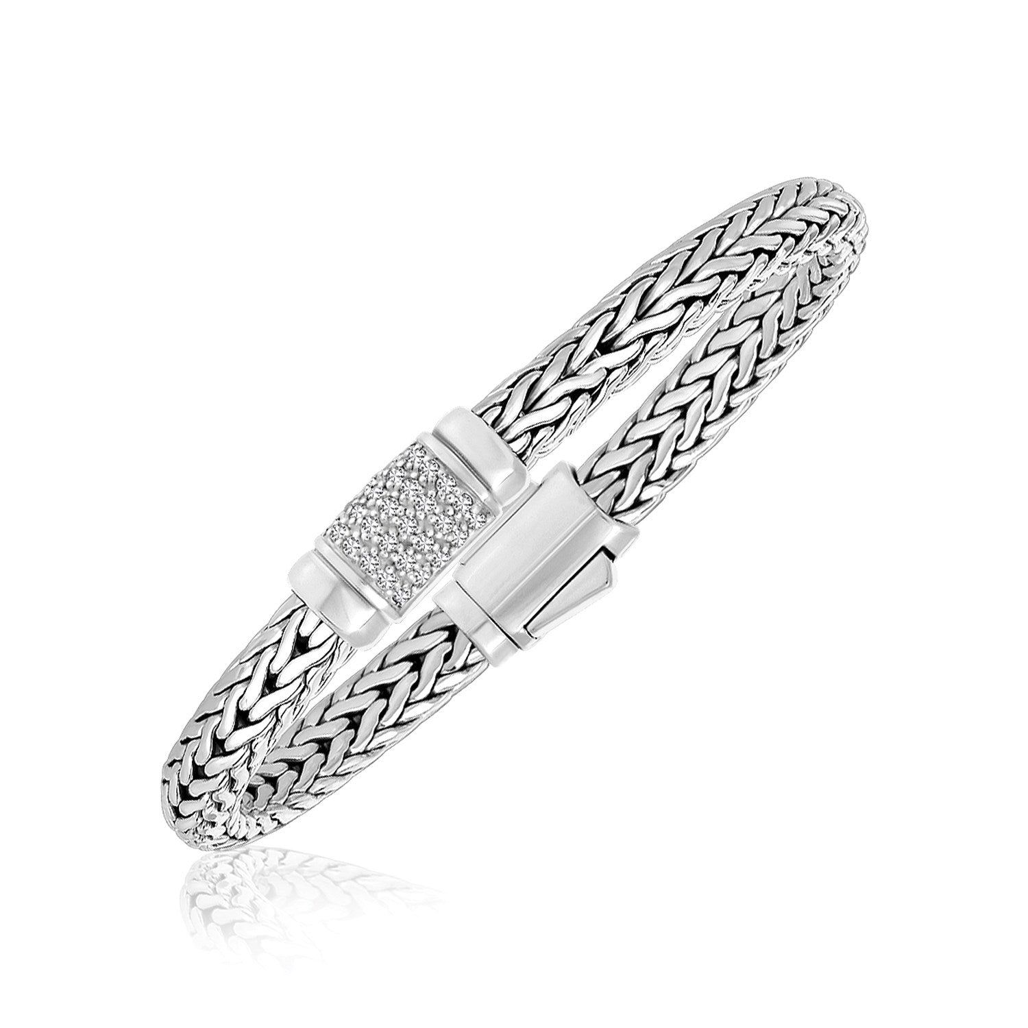 Sterling silver weave motif bracelet with white sapphire accents and a box clasp.