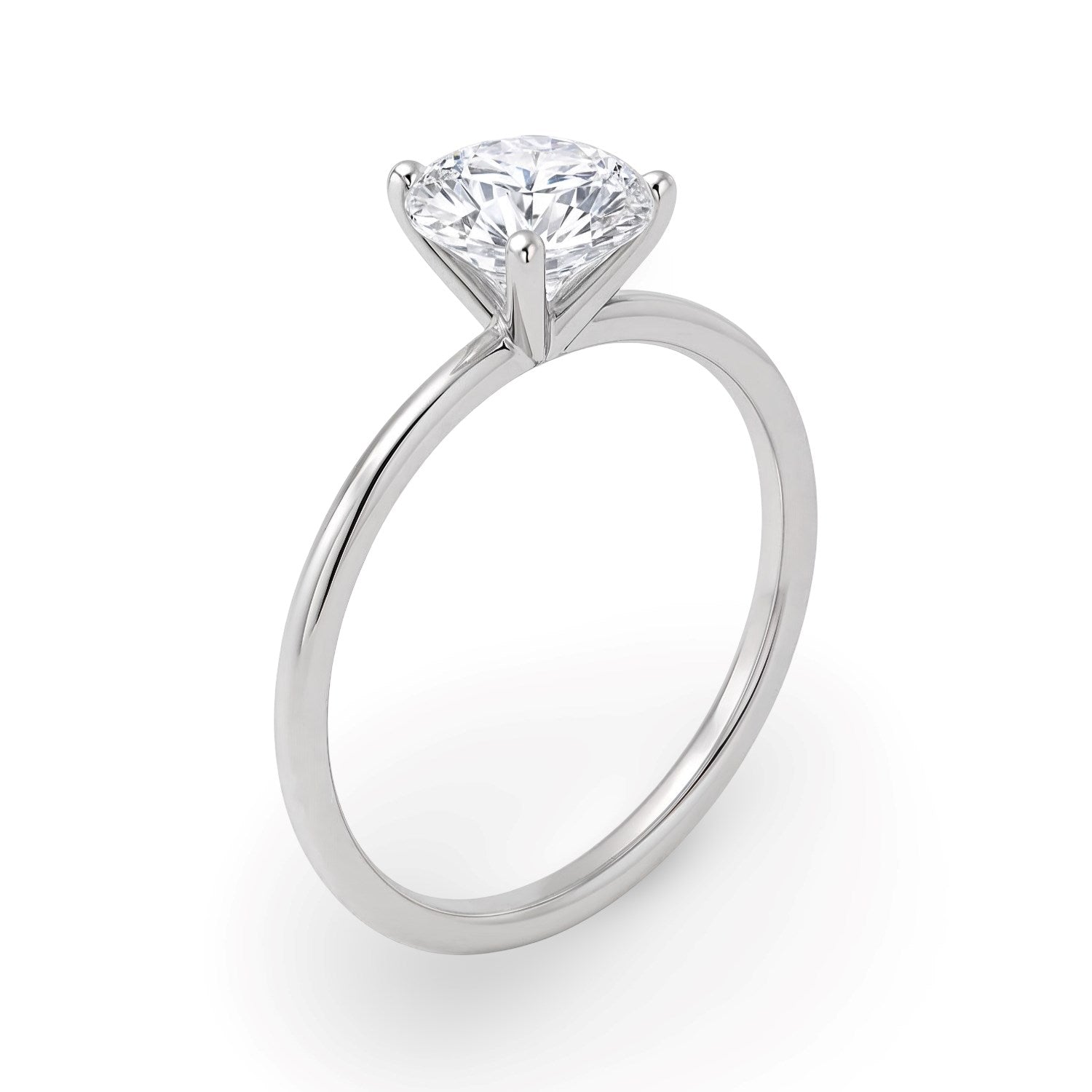1 1/2 carat round lab grown diamond ring in 10K white gold with four prongs.