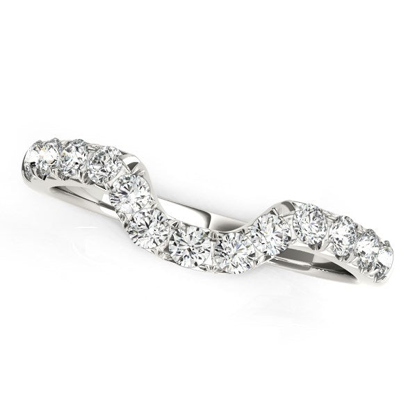 14k white gold curved wedding ring with pave set round diamonds.