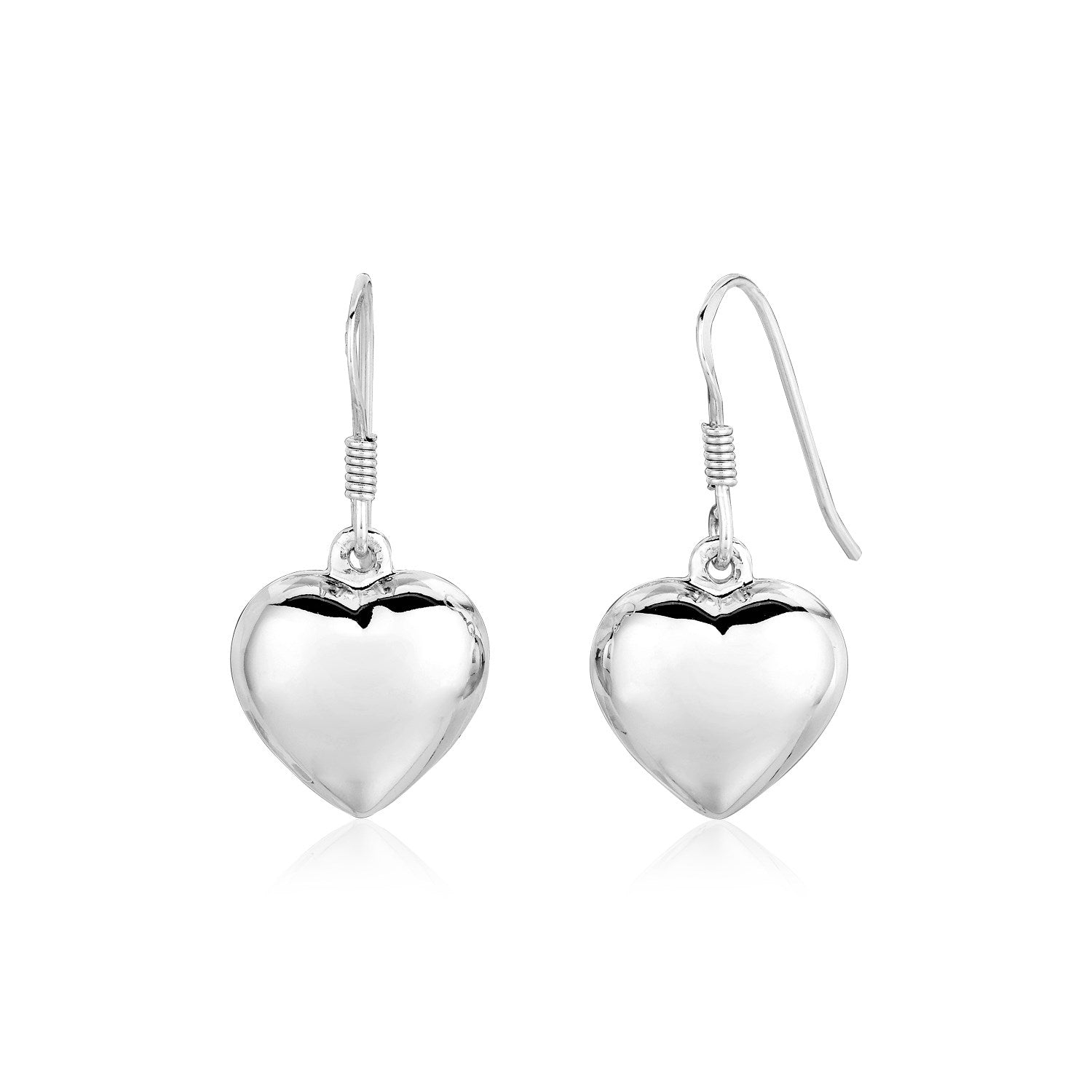 Sterling silver polished heart dangle earrings with French hook clasps.