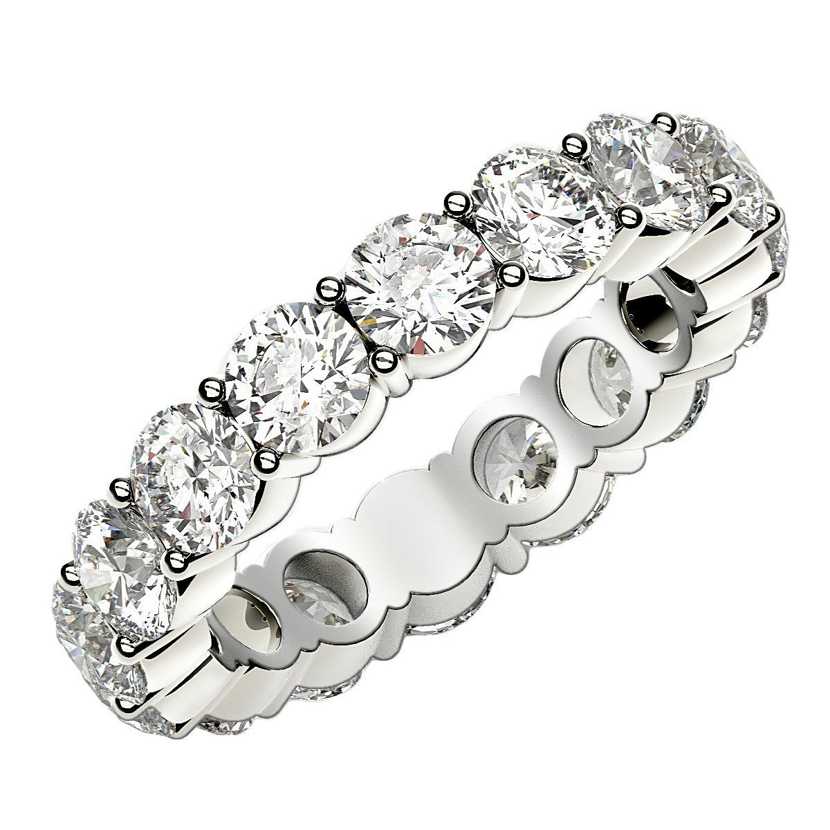A white gold eternity ring with round lab-grown diamonds in a common prong setting.