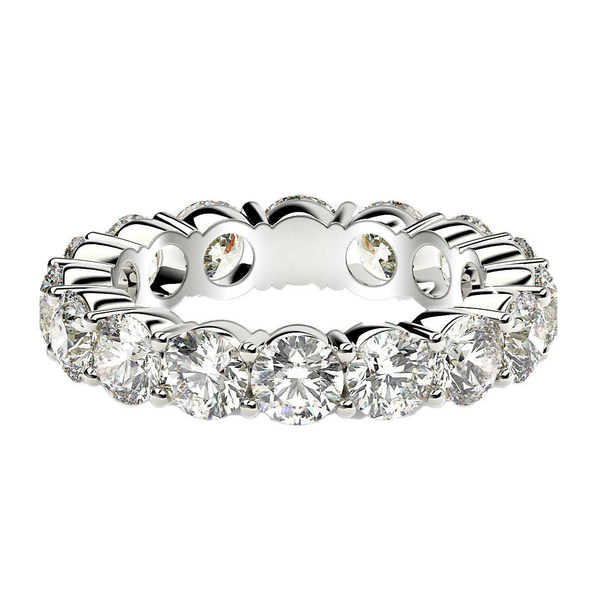 A round cut lab grown diamond eternity ring in 14k white gold.